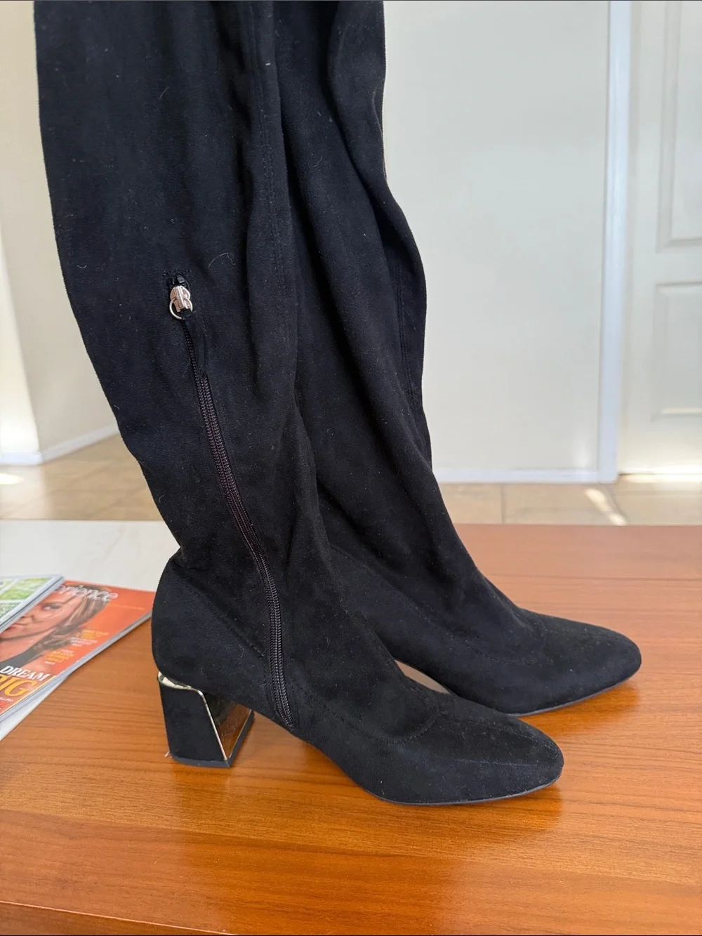 Zara Black Suede Knee-High Block Heel Boots